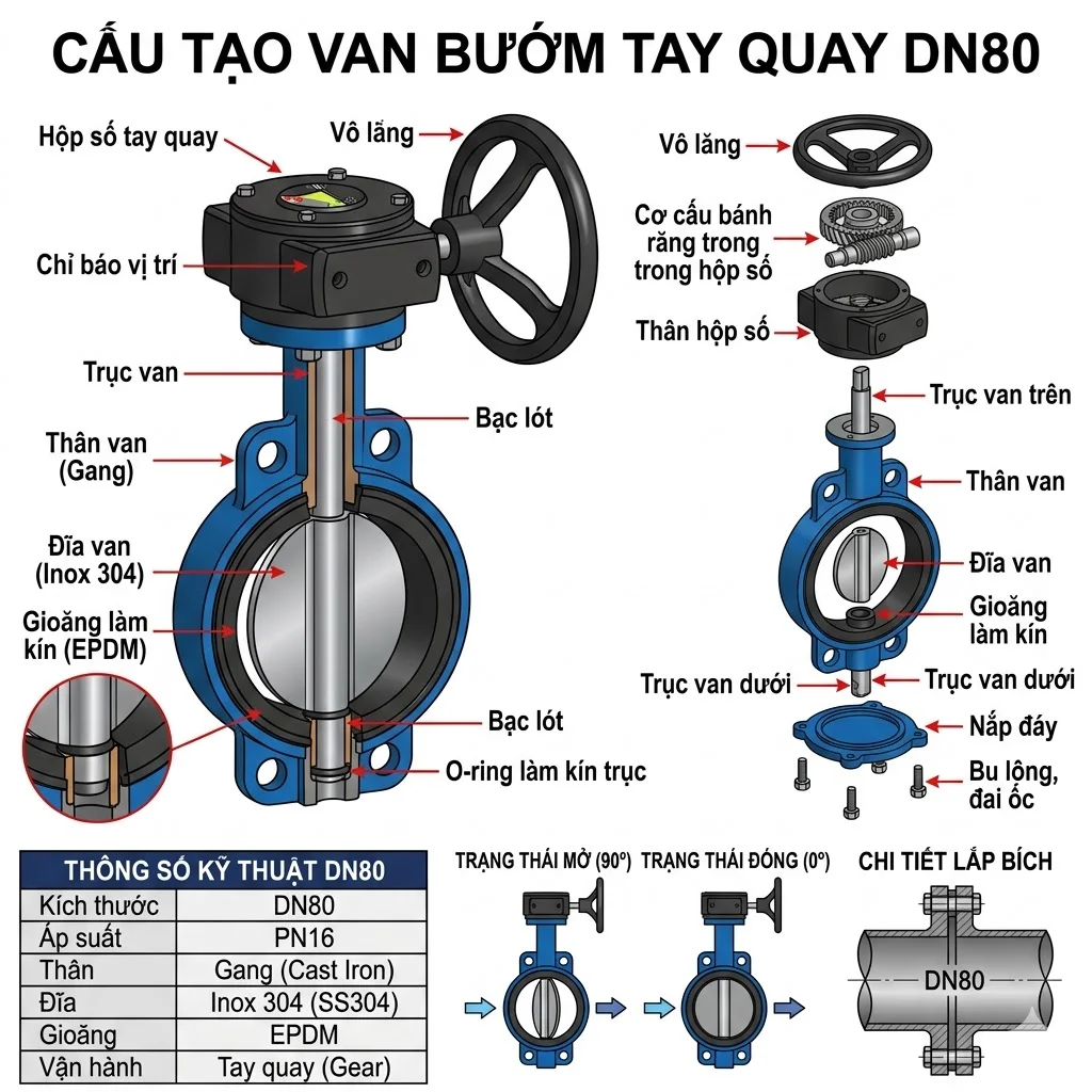 Van bướm tay quay DN 80 và ứng dụng thực tế